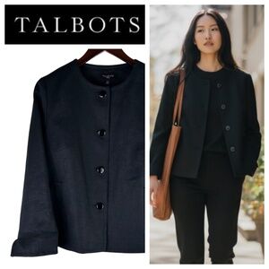 Talbots Blazer Jacket Coat 14P 14 Petite Black 100% LINEN Quiet Luxury Career